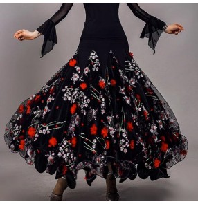 Women girls red fuchsia flowers ballroom dance skirts modern waltz tango foxtrot smooth dance long swing skirt gown for female